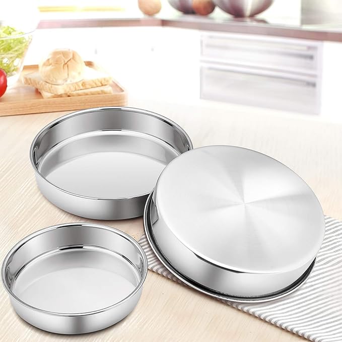 P&P CHEF Cake Pan Set of 3, 8" + 9.5" + 11" Round Baking Layer Tier Cake Pans Tins, Stainless Steel Bakeware for Birthday Weeding, Heavy Duty & Non Toxic, Mirror Finish & Dishwasher Safe