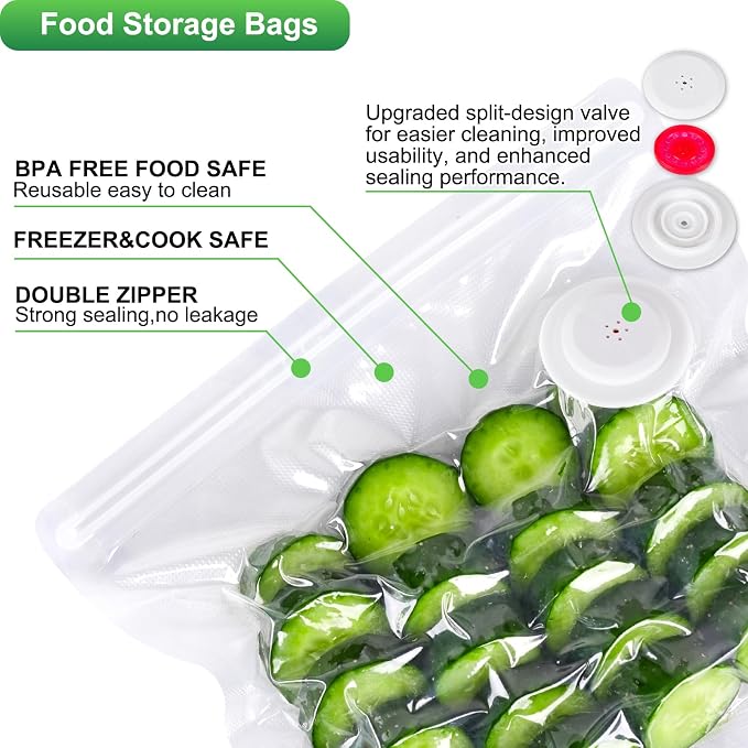 Higfra Reusable BPA Free Vacuum Sealer Bags (11 * 10in), 30 Pcs & 2 Seal Clips, Upgraded Valve Plastic, Clear, Double Zipper Seal, Microwaveable, Food Storage, Cooking