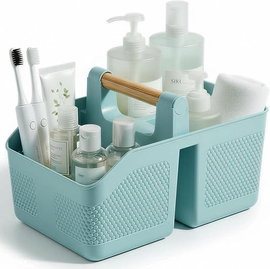 rejomiik Shower Caddy Portable with Bamboo Handle, Plastic Basket Cleaning Caddy Organizer Storage Tote for Bathroom, College, Dorm Room Essentials, Blue