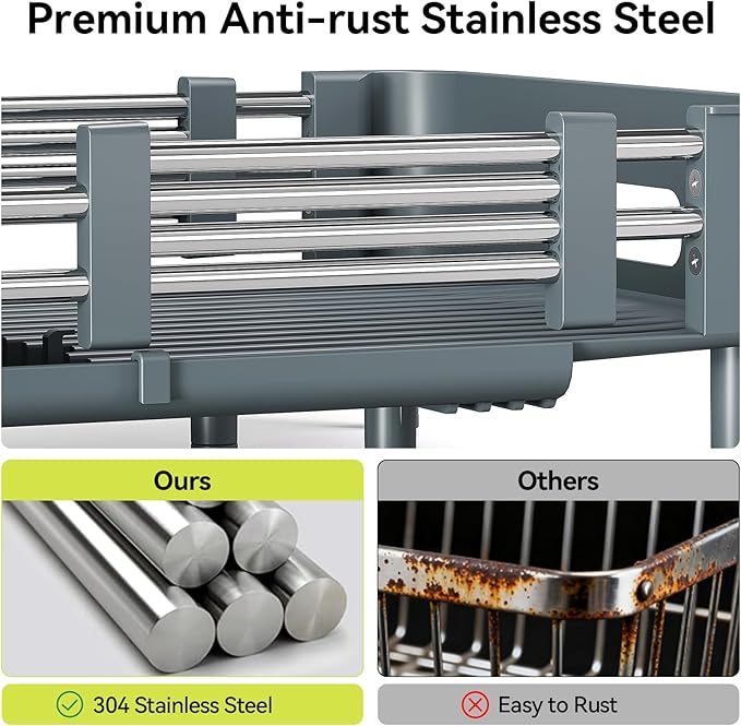 Urackify Stainless Steel Dish Drying Rack - Dish Drainer for Kitchen Counter, Extendable Drainboard with Foldable, Space-Saving Cup & Bowl Organizer, Includes Knife and Utensil Holder, Matte-Green