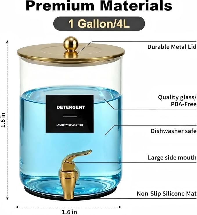 Glass Laundry Detergent Dispenser,1 Gallon Large Liquid Soap 2 Pack(Gold) | Complete borosilicate jars set with leakproof spigots, protective silicone mats, minimalist labels, and dosing cups