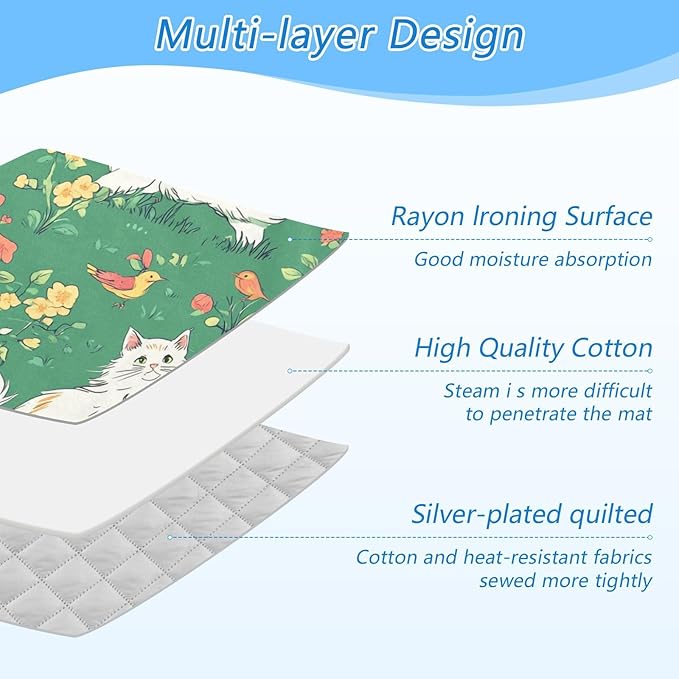 Green Spring Persian Cat and Hummingbird Ironing Mat Portable Ironing Pad Blanket with Silicone Iron Rest for Table Top Travel Heat Resistant Double-Side Using Large 47x28 Inch Foldable