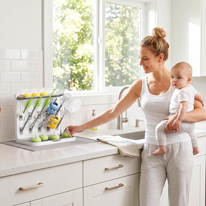 Lifewit 10-Hooks Baby Bottle Drying Rack with Drain Mat for Countertop | Vertical Bottle Storage Organizer, Stand-Up Dryer Holder for Pacifiers, Pump Parts, Baby Stuff, Newborn Essentials Must Haves