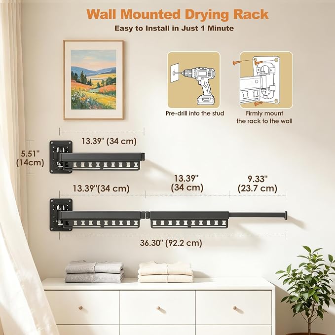 Wall Mounted Clothes Drying Rack Foldable & Space-Saving with 4 Hangers | Windproof Aluminum Laundry Drying Rack Clothing, Retractable Drying Racks for Laundry Room Balcony Bathroom, Indoor/Outdoor