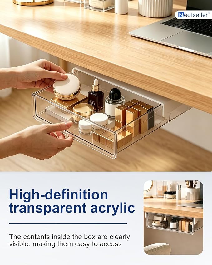 Clear Storage Drawer – 25° Tilted Front, Self-Adhesive Organizer for Bathroom, Kitchen & Office (Large)