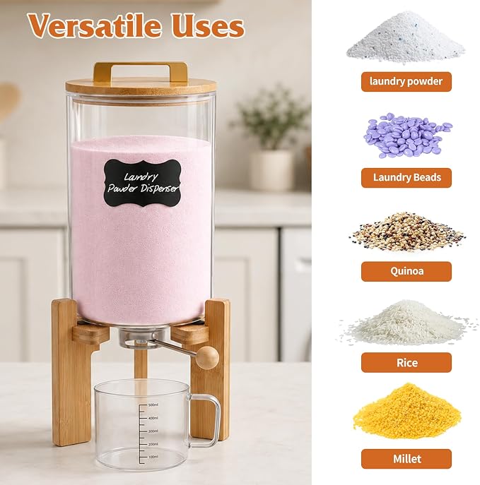 Laundry Detergent Dispenser,Glass Laundry Powder Dispenser with Bamboo Base，Suitable for Scent Beads and Powdered Laundry Detergents in the Laundry Room，Capacity: 4L/8lb/128oz