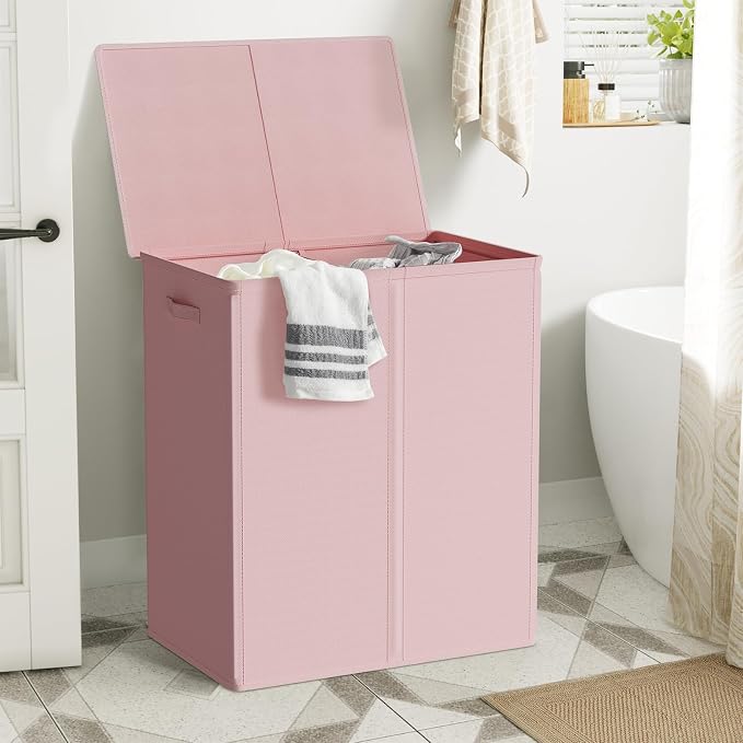 WOWLIVE 154L Double Laundry Hamper 2 Section with Lid and Removable Bags | Divided Laundry Basket, Large Dirty Clothes Hamper with Handle, Collapsible Laundry Storage for Dorm Room, College, Pink