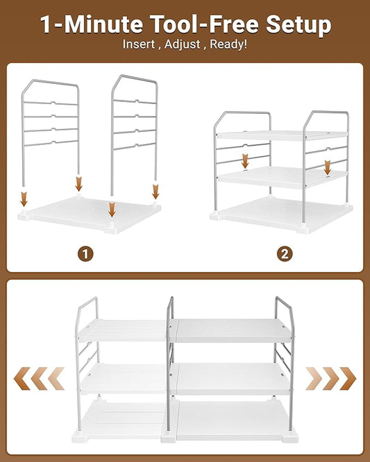 EVERIE Extendable 3-Tier Kitchen Cabinet & Pantry Organizer for Plastic Wrap, Foil & Storage Bags, Adjustable Heavy Duty Shelf Rack for Wrap Boxes, Jars & Snack Boxes (11–16.7 in Wide), Pack of 2