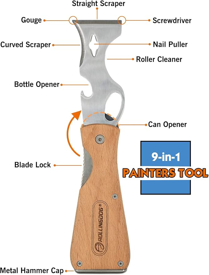 ROLLINGDOG 9-in-1 Folding Painters Tool | Beech Wooden Handle Includes Paint Roller Cleaner, Nail Puller, Putty Knife Scraper, Hammer End