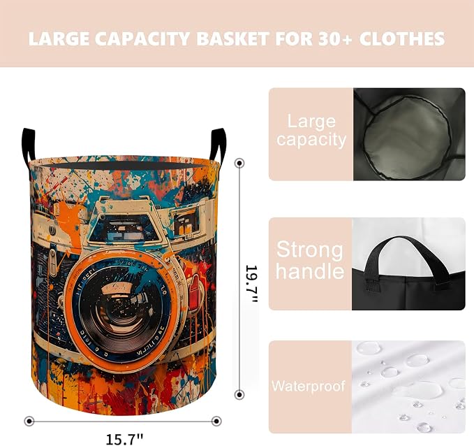 Vintage Camera Laundry Basket Hamper 19.7"x15.8", Organizer Bins Gifts for Kids Boys Girls, Retro Photographer Foldable Waterproof Oxford Clothes Storage Bucket for Bedroom Bathroom Decor
