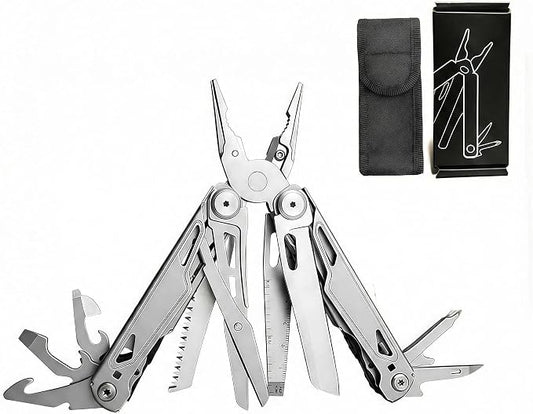 Multitool, 28-in-1 Stainless Steel Multi-Tool with Pocket Knife, Self-locking Pliers, Bottle Opener Professional Multi Tool for Outdoor, Survival, Camping, Hiking, Hunting - Silver