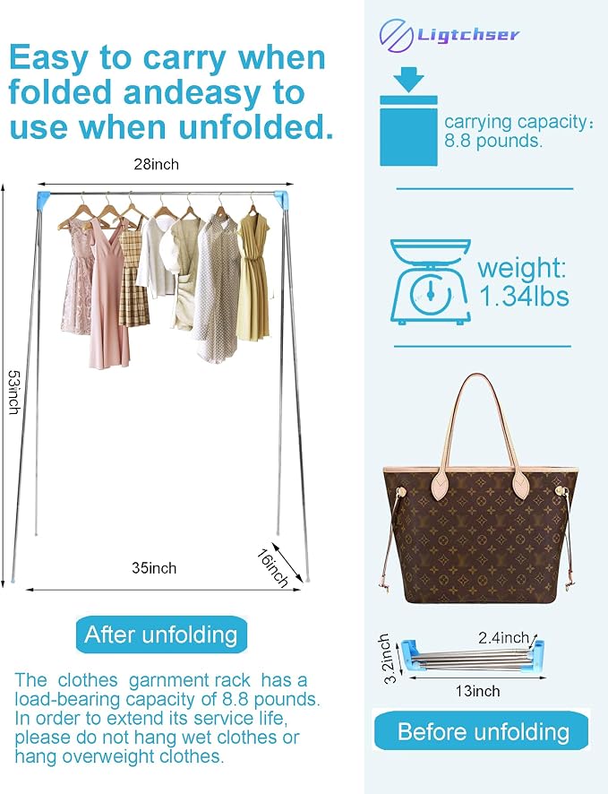 Ligtchser Portable Travel Garment Rack,Collapsible Mini Clothing Rack | Portable, Easy to Store,with Small Space Occupation,This Folding Clothing Rack is Suitable for Travel and Dance.