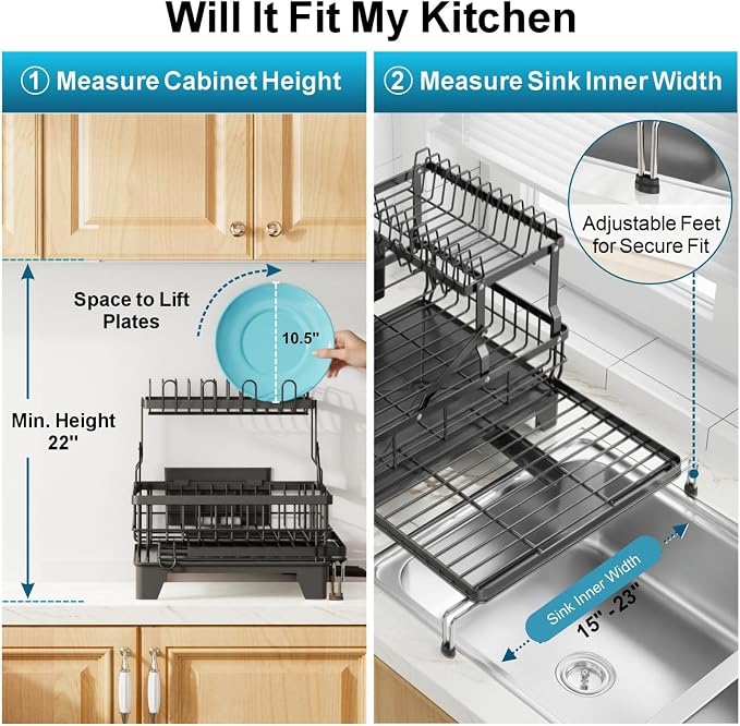 GSlife Large 2 Tier Dish Drying Rack, Expandable Multifunctional Dish Rack for Kitchen Counter, Rust-Resistant Dish Drainer with Utensil & Cup Holder, Auto-Drain, 16.9" W x 14.4"-22.4" L, Black