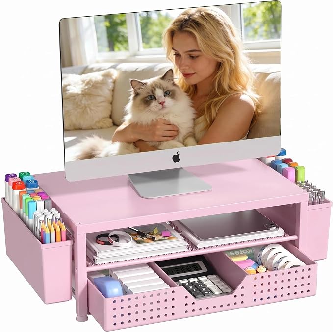 OPNICE Desk Organizers and Accessories, Computer Monitor Stand Riser with Drawer and 2 Pen Holders, Printer & Laptop Stand, Office Desk Accessories & Workspace Organizers for Home Office Supplies, Pink