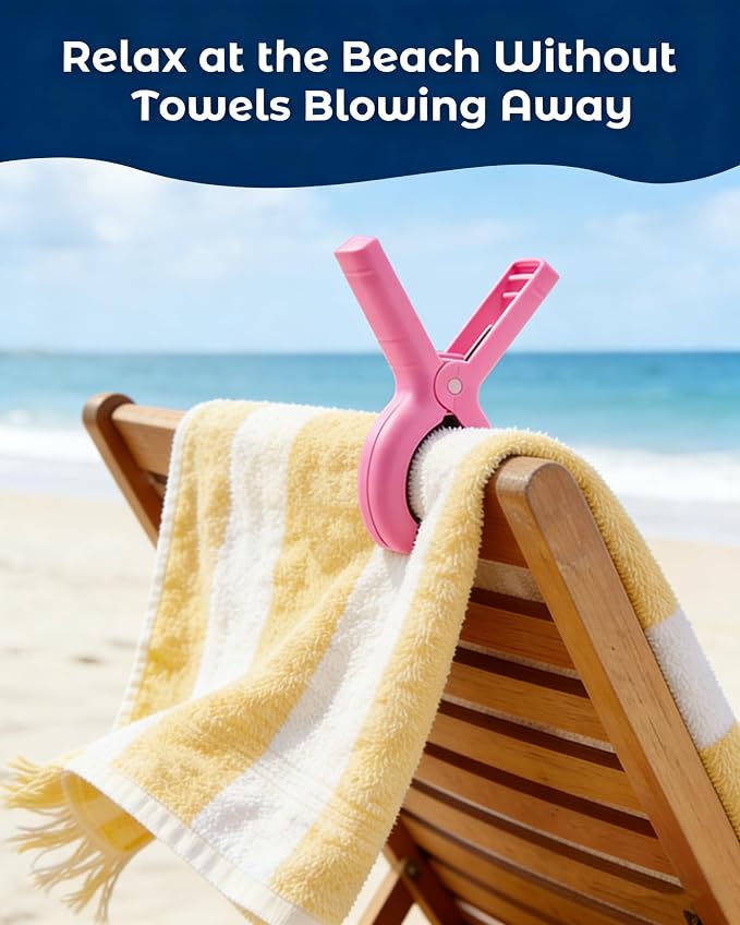 20 Pack Beach Towel Clips Heavy Duty Large Beach Essentials Chair Pool Clip | Pink Clips with Strong Grip, Silicone Protection, Rust Resistant Spring, Multi-Use for Beach, Boat, Cruise & Outdoors
