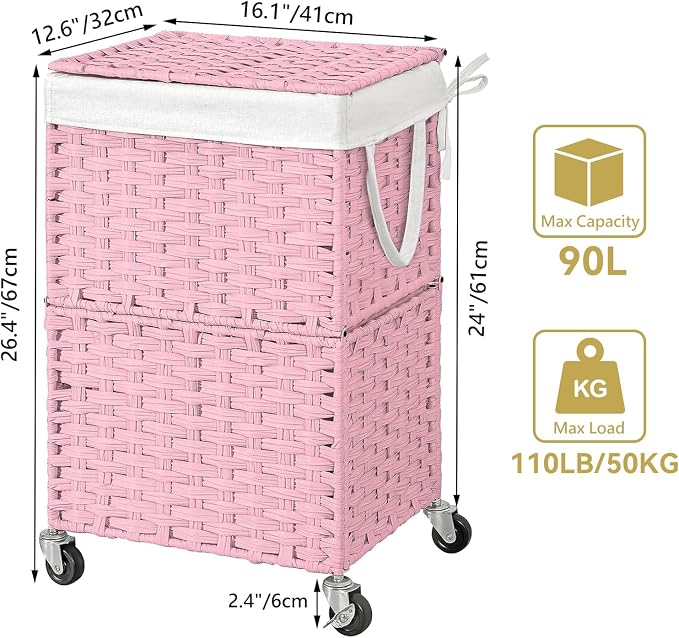 Chrislley Wicker Laundry Basket with Wheels,Rolling Laundry Hamper with Lid | 90L Slim Clothes Hamper with Wheels & Removable Liner Bag, Handwoven Rattan Laundry Organizer for Bedroom, Bathroom, Pink
