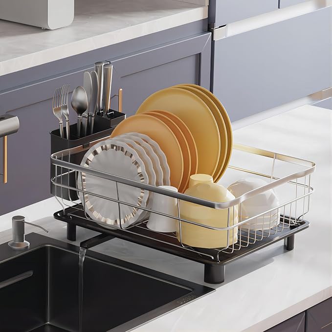 AIDERLY Stainless Steel Dish Drying Rack Dish Drainer, Black | Extendable Drain Spout, Utensil Holder, Knife Slots, Compact for Kitchen Counter