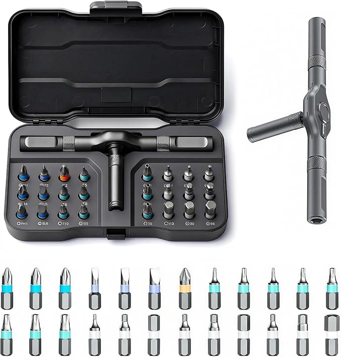 2026 New Tools 24 in 1 Magnetic Ratchet Screwdriver Set, Multi Bit DIY Magnetic Screwdriver Set with Detachable Ratchet Handle, Portable Precision Repair Tool Kit for Furniture, Electronics, Bicycle