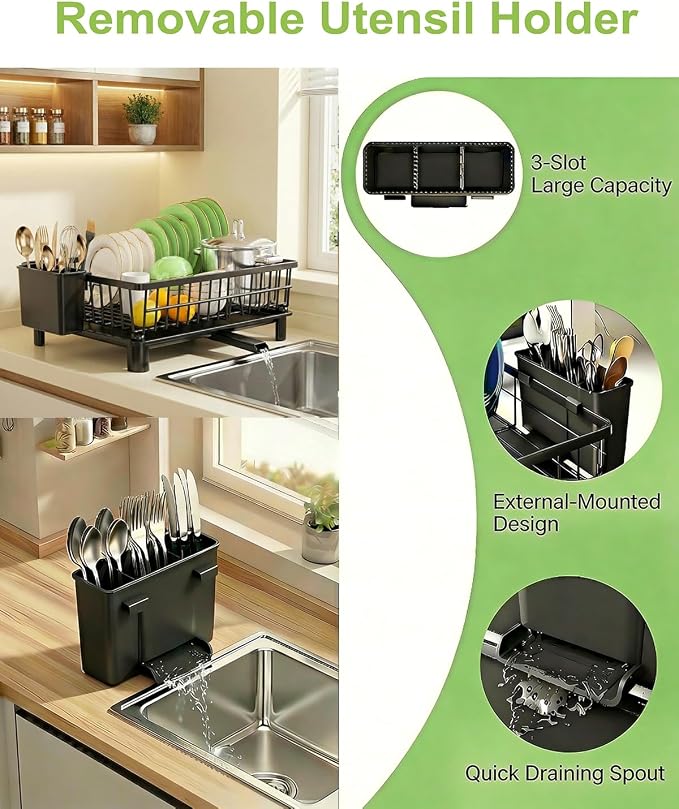 Dish Drying Rack for Kitchen Counter,Stainless Steel Drainers Rack with Detachable Cutlery Holder,Automatic Drainage System,Anti-Rust Dish Strainer Ideal for Families and Home