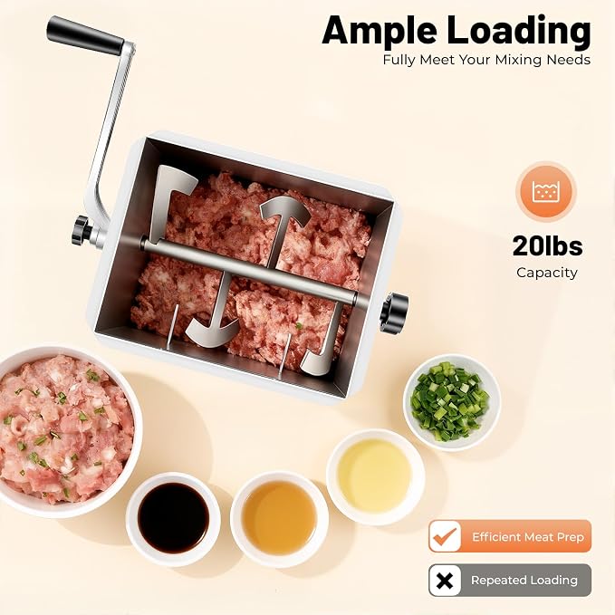 Manual Meat Mixer, 20lbs Stainless Steel Fixed Tank Meat Mixer, Manual Meat Grinder Machine with Non-Slip Feet, Countertop Food Processor, for Burger, Sausage & Jerky