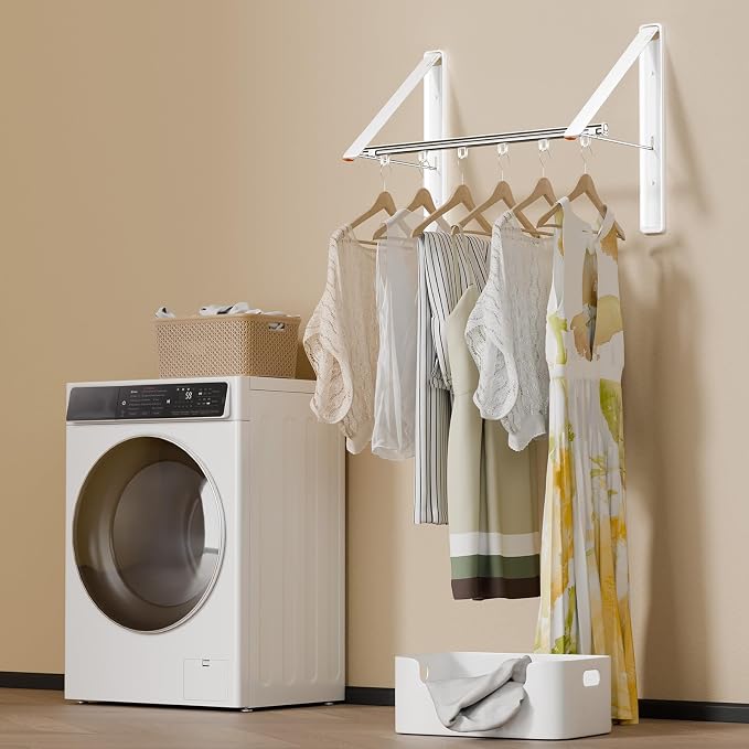 Folding Clothes Hanger Rack Wall mounted for Laundry Clothes Drying Rack | Foldable Hanger Rack Laundry Hanger Dryer Rack, Easy to Install, Closet Storage Organization, Space Saving White, 2 pcs &1Rod