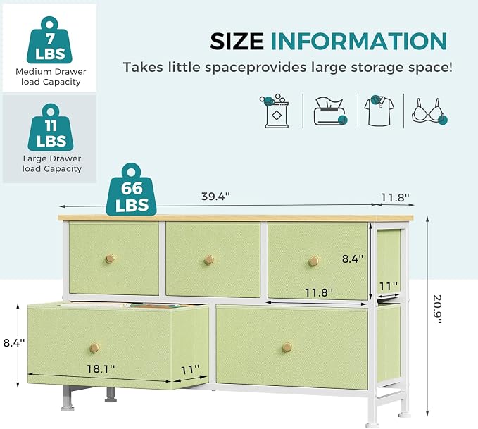 OLIXIS 5 Drawer Dresser for Bedroom, Storage Organizer Unit for Closet | Chest of Drawers for Clothes Storage with Bins, Wide Fabric Bedroom Dresser, Wooden Top, Living Room, Light Green
