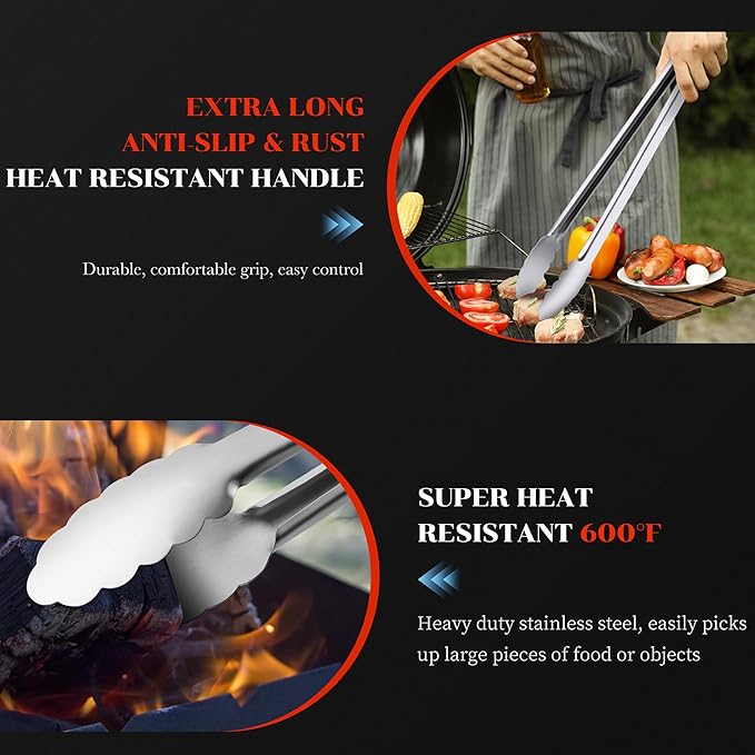 Grill Tongs - 12 Inch & 17 Inch Extra Long BBQ Tongs, Heat Resistant Stainless Steel Kitchen Tong, Heavy Duty Metal Locking Tong for Cooking, Grilling, BBQ/Barbecue, Food (All Metal - 12"+17")