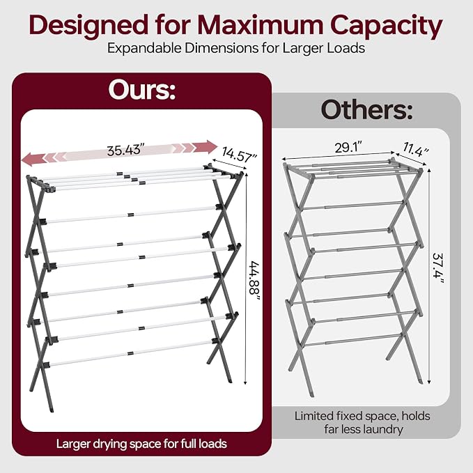 Large Clothes Drying Rack, Metal Expandable Laundry Rack, 44.88" Height, Adjustable Width 20.87-35.43in, Space Saving Foldable, Indoor Outdoor Use for Laundry, Towels, Shoes, Grey White