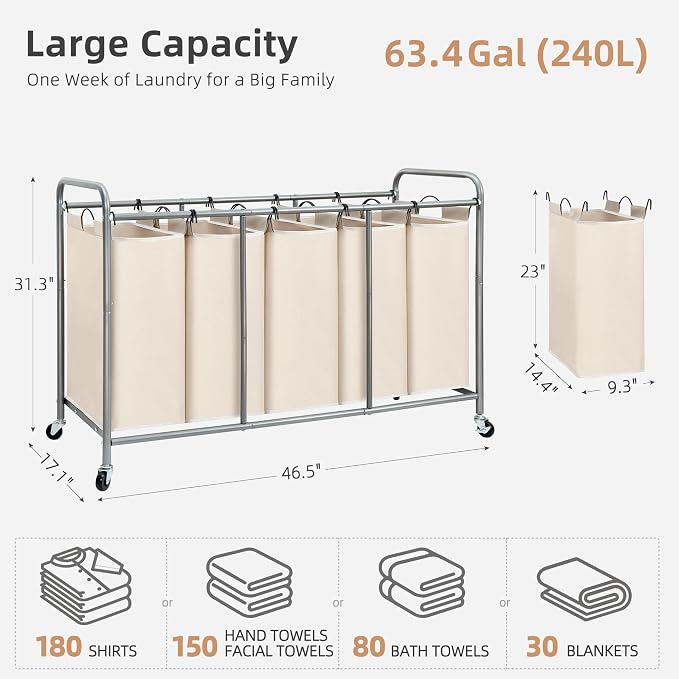 STORAGE MANIAC 5 Section Laundry Sorter, 5 Bins Rolling Separator Laundry Basket, Dirty Clothes Hamper Divider with Heavy Duty Lockable Wheels, Large Clothes Organizer Cart, Beige