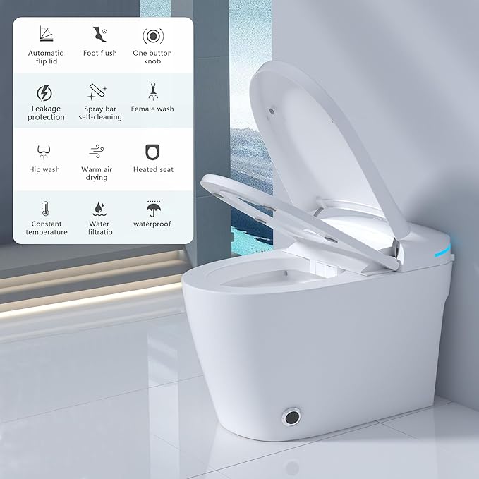 Smart Toilet with Bidet Built In, One-Piece Electric Tank Toilet with Auto Open & Close Lid, Dual Flush 1.28 GPF, Heated Seat, Remote Control, Foam Shield, Warm Air Dryer & Temp Display