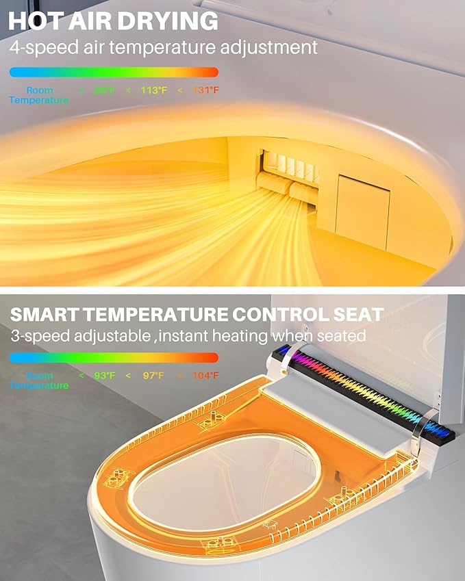WinZo Smart toilet with bidet built in,Tankless Toilet Auto Open/Close Lid with Dryer, ADA Comfort Height Heat Seat, Instant Warm Water, Power Outage and Flush,Foot Sensor, LED Display, 1.28GPF White