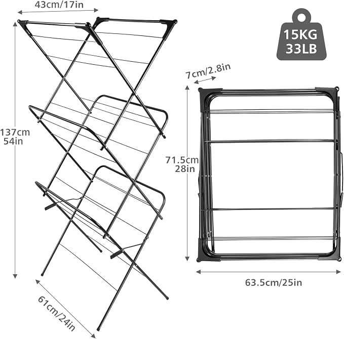 Foldable Clothes Drying Rack Laundry Drying Rack Black | Collapsible Use for Indoor & Outdoor | Space Saving | 54"x24"x17" | Easy to Assemble