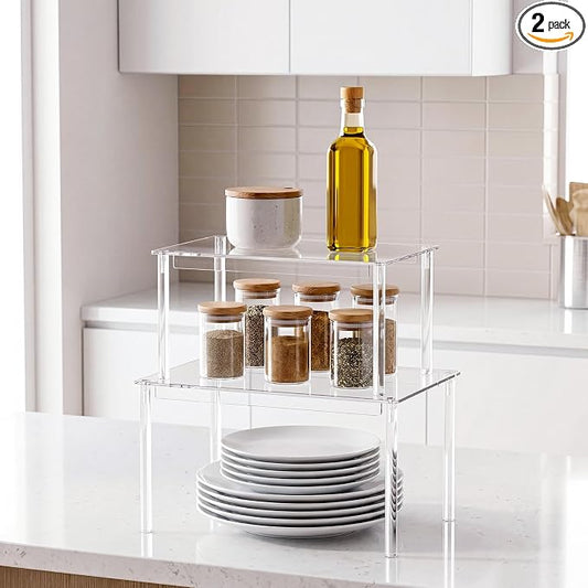 Delamu Cabinet Shelves, Clear Stackable Acrylic Storage Risers with Heavy Duty Support, Cabinet Organizer Shelf for Spices, Seasonings, Jars, Pantry, Kitchen Counter, Easy Assembly