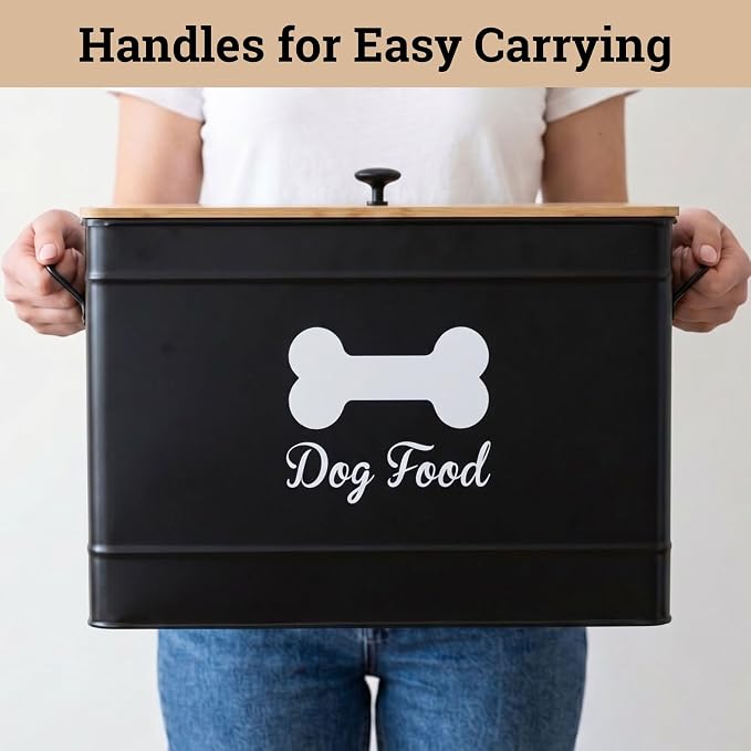 Dog Food Container Airtight Bamboo Lid 15-20 lb Sturdy Metal Handle 70 Cups | Pet Jar For Dogs up to 100lbs, Airtight Bamboo Lid, Sturdy Comfortable Metal Handle, Powder Coated Iron, Kibble Storage Bin