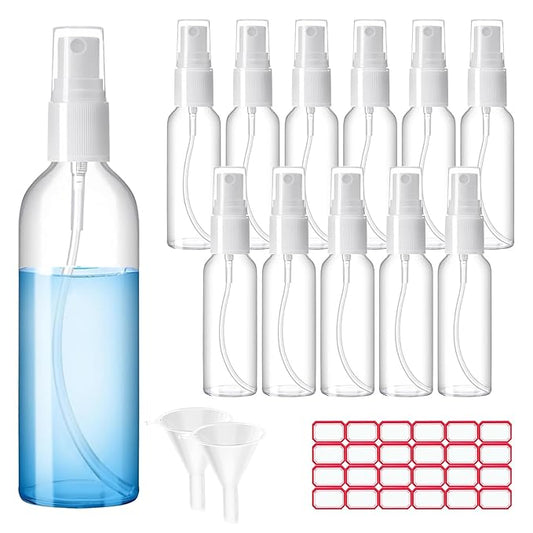 Zoizocp Spray Bottles, 1oz/30ml Clear Empty Fine Mist Plastic Mini Travel Bottle Set, Small Refillable Liquid Containers with 2pcs Funnels and 24pcs Labels (12 Pack)