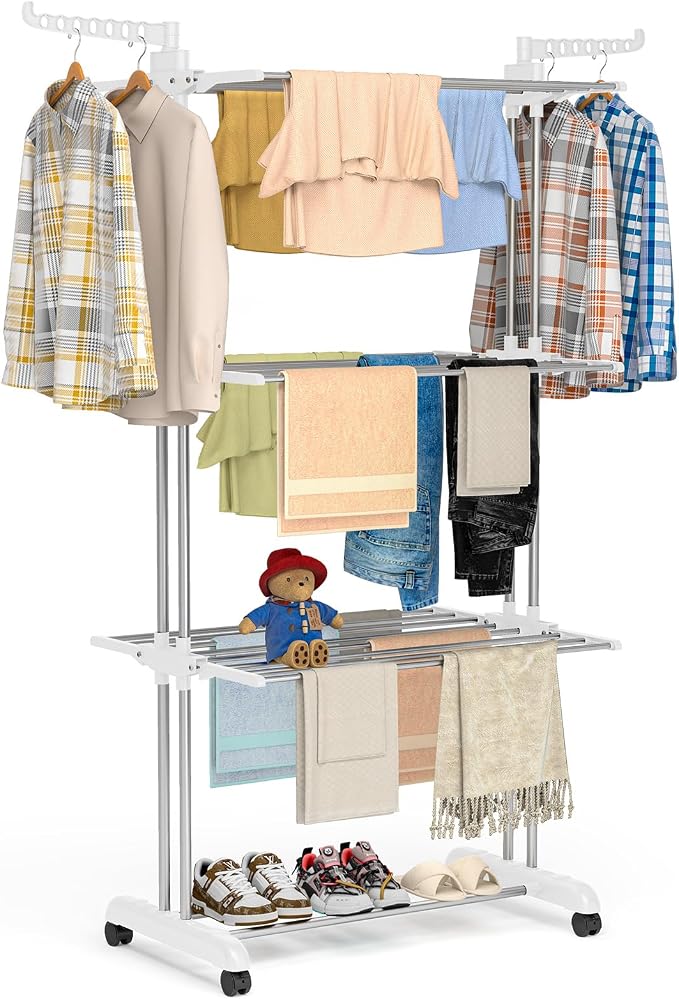 Bigzzia Clothes Drying Rack Folding with Wheels Drying Rack Clothing Clothes Horses Rack Stainless Steel Laundry Drying Rack with Two Side Wings 4 Tier Grey White