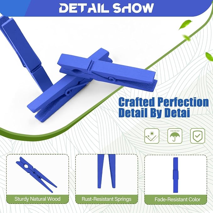 100 Pcs Blue Clothes pins - 2.9 Inch Wooden Clothespins Cheer Clips | Vibrant for Crafts Classroom Decorations Clothing Pictures Laundry Solid Wood No Splinters Fade‑Proof