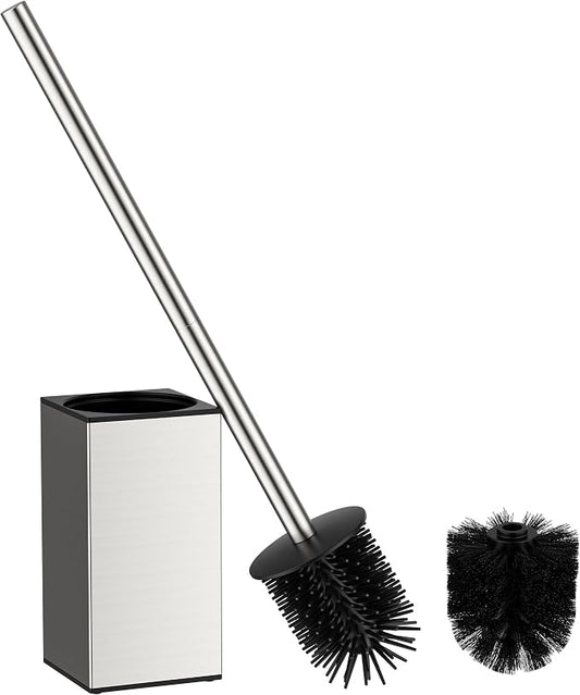 FORIOUS Short Toilet Brush and Holder Set, Heavy Duty 304 Stainless Steel Base Square and Long Handle for Bathroom Deep Cleaning, Space Saving for Storage, 2 Toilet Bowl Brush Head, Brushed Nickel