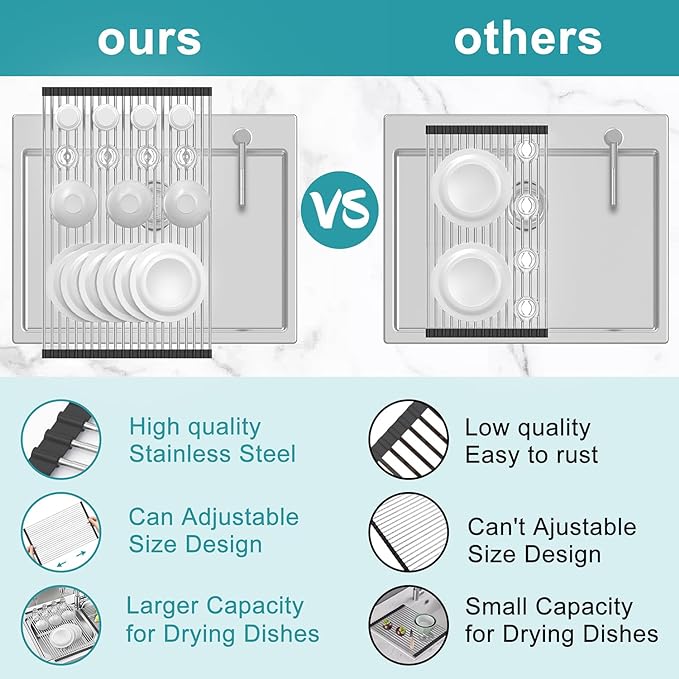 Extra Large Expandable Roll Up Dish Drying Rack,Over The Sink Drying Rack Sink Cover Kitchen Sink Accessories Kitchen Rolling up Stainless Steel Drainer, Foldable,Rollable（Black，22.8''-12.4''）