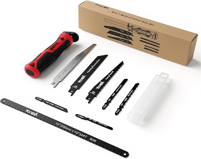 8-In-1 Multi Blades Hand Saw, Drywall, Hacksaw, Jab Saw & Wood Cutter Tool | Blade Quick Change Mechanism, For Cutting Drywall, Wood, Metel, Plastic, Plywood. Lightweight manual saw. Red Handle.