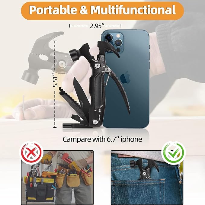 Unique Gifts for Fathers Men Him, Hammer Multitool 15 in 1, Cool Gadgets | Outdoor Camping Accessories Survival Gear, Fathers Day Gift for Husband Dad, Gifts from Daughter Son Wife for Grandpa Adults