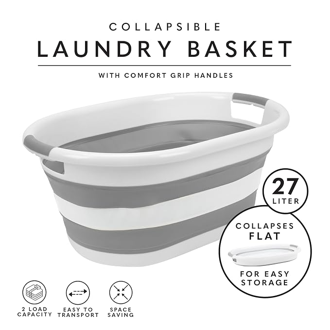 Laundry 360 Collapsible Laundry Basket | Portable | Space Saver Storage | 27 Liter Capacity | Store Under the Bed or Closet | Good for Kids | Dorm | Bedroom | Large | White/Grey