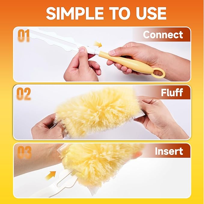 Duster Refills Compatible with Swiffer Duster Handles, 100 Count, 1 Handle | Heavy Duty Fluffy Microfiber,Disposable Dusting Pads for Cleaning Blinds, Fans, Furniture, Shelves, Unscented,Yellow