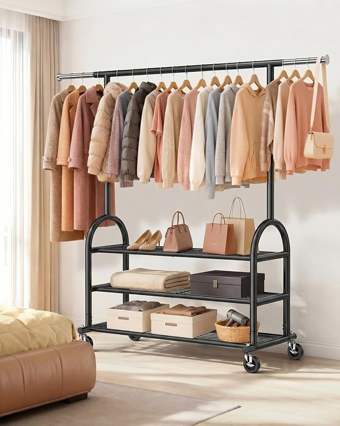 EAGMAK Heavy Duty Clothes Rack for Hanging Clothes Load 688 LBS, Height Adjustable Rolling Clothing Racks, Portable Metal Coat Rack Garment Wardrobe with Wheels and 3 Shelves for Bedroom, Black