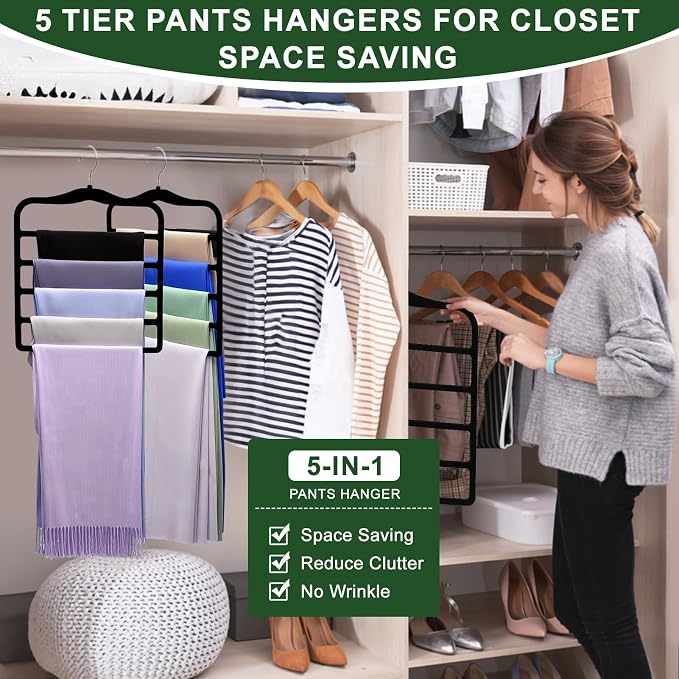 Closet Organizers and Storage, 3 Pack Velvet Pants-Hangers-Space-Saving | Non Silp 5 Tier Scarf Jeans Closet Organizer, Dorm Room Essentials for College Students Girls Boys Guys, Home Storage