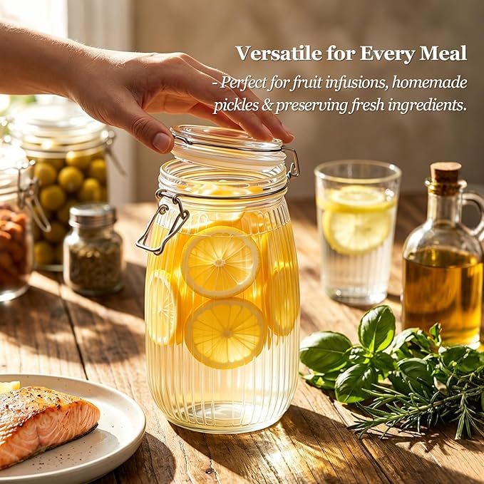 ComSaf Large Ribbed Glass Jars with Airtight Lids 51 oz 3 Pack Wide Mouth | Flour sugar coffee beans, Fermenting pickling, Farmhouse pantry decor, Countertop decor, Large capacity, Vintage Canisters