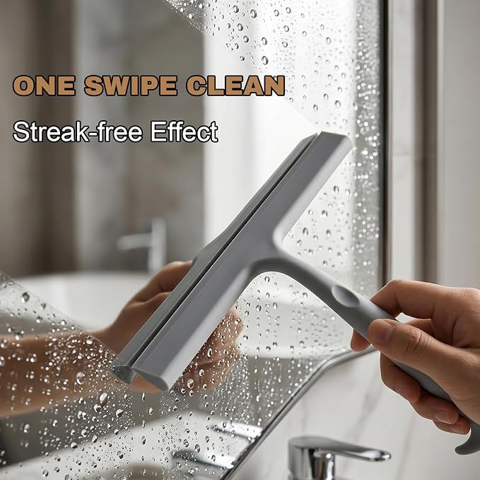 Shower Squeegee for Glass Doors, 10 Inch Silicone Shower Squeegee with Built-in Hook, Squeegee for Shower Glass, Bathroom Shower Door Squeegee for Tile Wall, Mirror, Window, Car Glass (Grey)