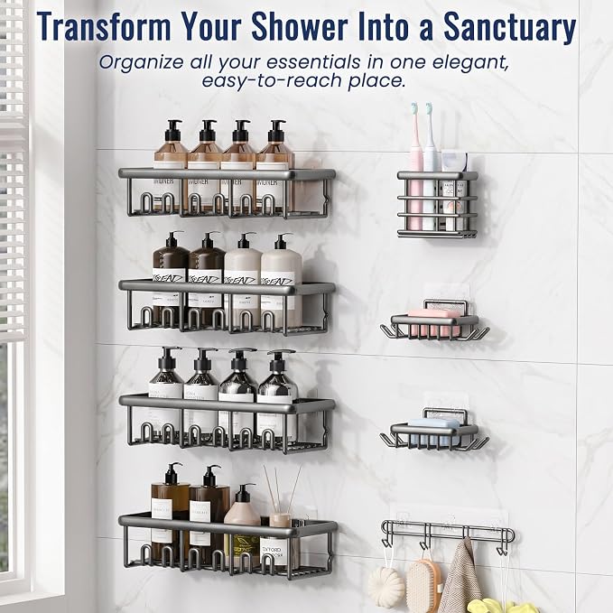 8 Pack Adhesive Rustproof Shower Caddy with Soap Dishes, Toothbrush Holder & Hooks, Large Capacity No-Drilling Shower Shelves Rack for Bathroom Organizers and Storage Accessories, Dark Gray