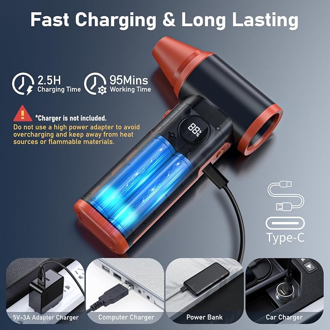 Compressed Air Duster Rechargeable Electric Air Duster for PC Keyboard Mini Dust Blower 130000RPM Cordless Air Blower Jet Dryer Turbo Fan Handheld Blower for Car Home Office, Black-Orange