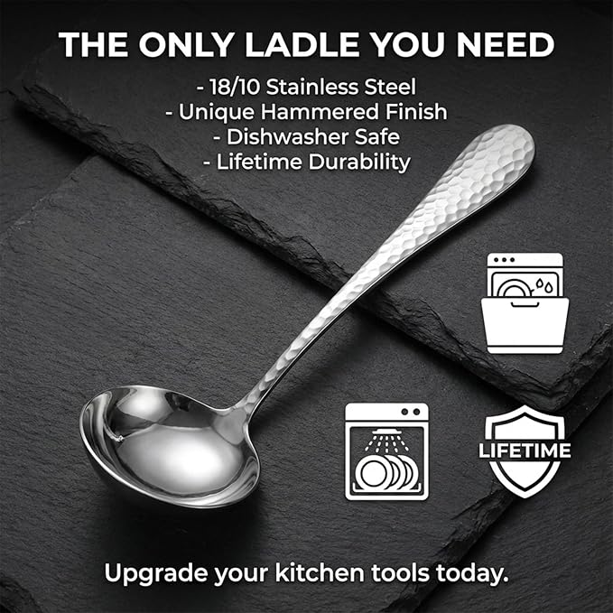 7.3 Inch Silver Small Ladle, Stainless Steel Gravy Soup Spoon, Hammered Gravy Ladle, Sauce Ladles, Cooking Ladles for Serving Soup, Sauces, Gravies